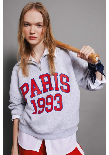 Coool Oversize Geniş Kalıp Yarım Fermuarlı Baskılı Kalın Sweatshirt D4762AX24AU