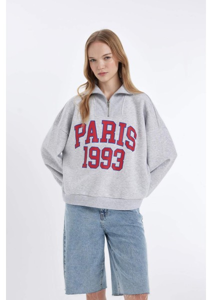 Coool Oversize Geniş Kalıp Yarım Fermuarlı Baskılı Kalın Sweatshirt D4762AX24AU