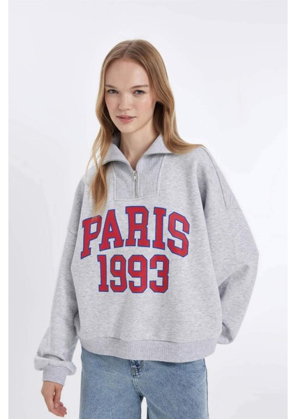 Coool Oversize Geniş Kalıp Yarım Fermuarlı Baskılı Kalın Sweatshirt D4762AX24AU