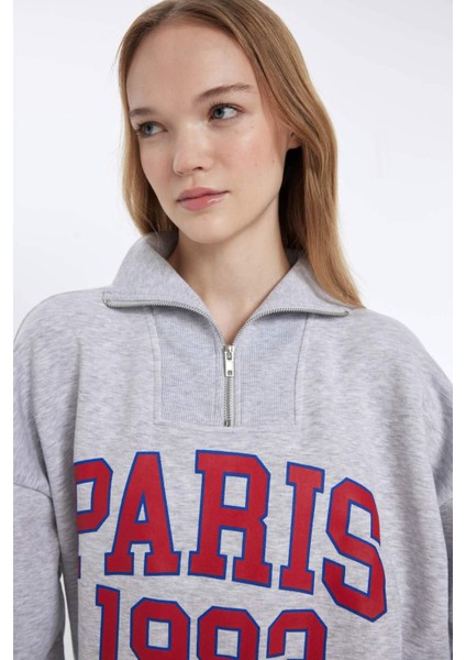 Coool Oversize Geniş Kalıp Yarım Fermuarlı Baskılı Kalın Sweatshirt D4762AX24AU