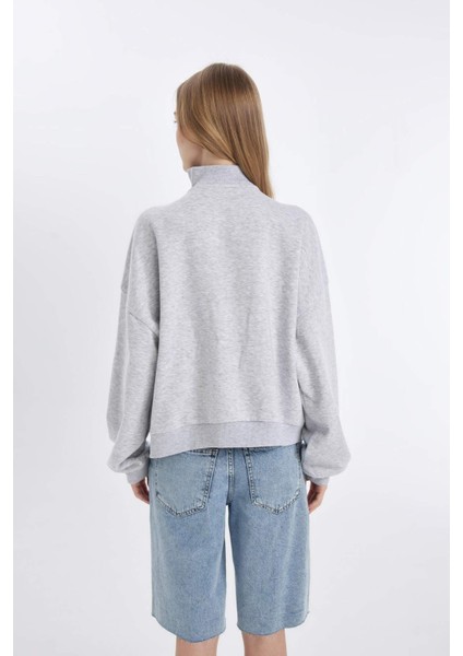 Coool Oversize Geniş Kalıp Yarım Fermuarlı Baskılı Kalın Sweatshirt D4762AX24AU