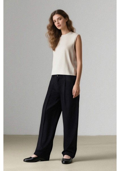 Wide Leg Klasik Lacivert Palazzo Pantolon Pensli Geniş Bol Paça Basic Düz Cepli Yüksek Bel C2022AX24AU