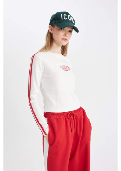 Beyaz Coool Fitted Vücuda Oturan Bisiklet Yaka Baskılı Ribana Uzun Kollu Tişört D4752AX24AU