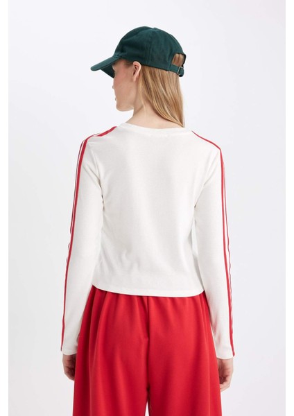 Beyaz Coool Fitted Vücuda Oturan Bisiklet Yaka Baskılı Ribana Uzun Kollu Tişört D4752AX24AU