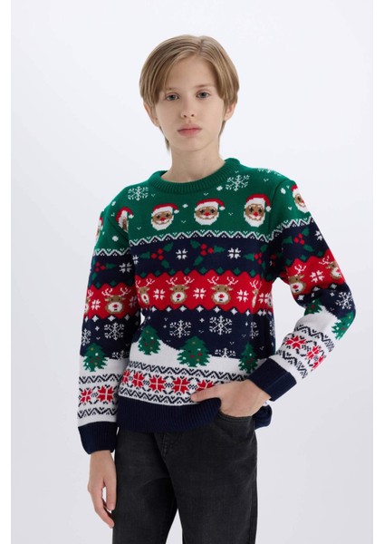 Erkek Çocuk Yılbaşı Temalı Bisiklet Yaka Triko Kazak B2246A824CW