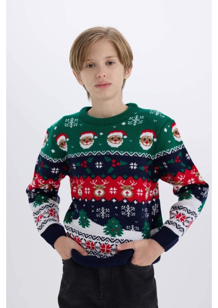 Erkek Çocuk Yılbaşı Temalı Bisiklet Yaka Triko Kazak B2246A824CW