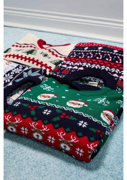 Erkek Çocuk Yılbaşı Temalı Bisiklet Yaka Triko Kazak B2246A824CW