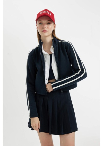 Fitted Dik Yaka Basic Düz Cepli Fermuarlı Sweatshirt D4751AX24AU