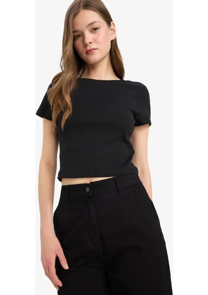 Coool Fitted Bisiklet Yaka Ribana Basic Düz Kısa Kollu Tişört T9631AZ24AU