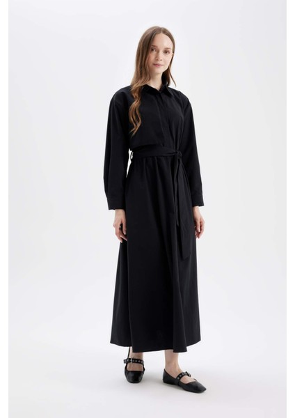 Gömlek Yaka Basic Düz Düğmeli Kemerli Poplin Uzun Kollu Maxi Siyah Elbise D4164AX24AU