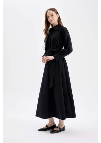 Gömlek Yaka Basic Düz Düğmeli Kemerli Poplin Uzun Kollu Maxi Siyah Elbise D4164AX24AU