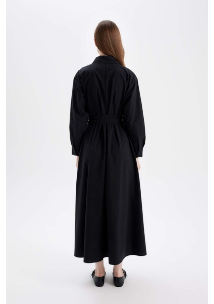 Gömlek Yaka Basic Düz Düğmeli Kemerli Poplin Uzun Kollu Maxi Siyah Elbise D4164AX24AU