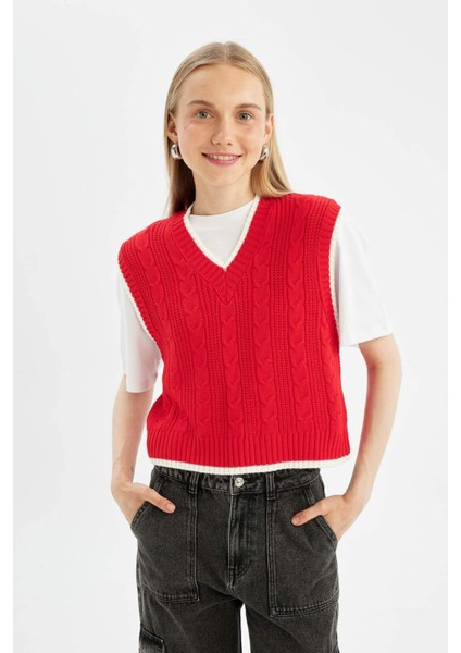 Coool Slim Fit Dar Kesim Basic Düz V Yaka Kırmızı Triko Süveter