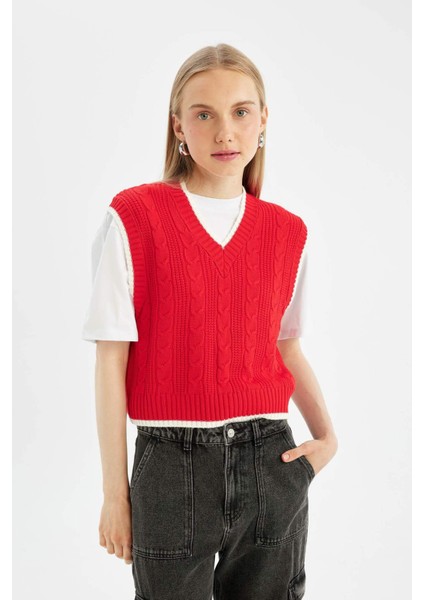 Coool Slim Fit Dar Kesim Basic Düz V Yaka Kırmızı Triko Süveter