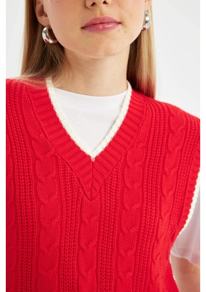 Coool Slim Fit Dar Kesim Basic Düz V Yaka Kırmızı Triko Süveter