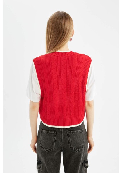 Coool Slim Fit Dar Kesim Basic Düz V Yaka Kırmızı Triko Süveter