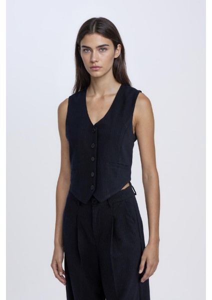 V Yaka Çizgili Düğmeli Blazer Yelek C2027AX24AU