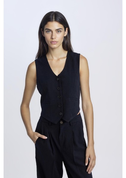 V Yaka Çizgili Düğmeli Blazer Yelek C2027AX24AU