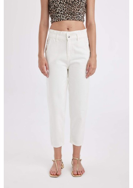 Paperbag Rahat Kesim Yüksek Beli Lastikli Hafif Düz Paça Beyaz Jean Pantolon D4875AX24HS