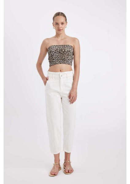 Paperbag Rahat Kesim Yüksek Beli Lastikli Hafif Düz Paça Beyaz Jean Pantolon D4875AX24HS