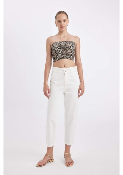 Paperbag Rahat Kesim Yüksek Beli Lastikli Hafif Düz Paça Beyaz Jean Pantolon D4875AX24HS