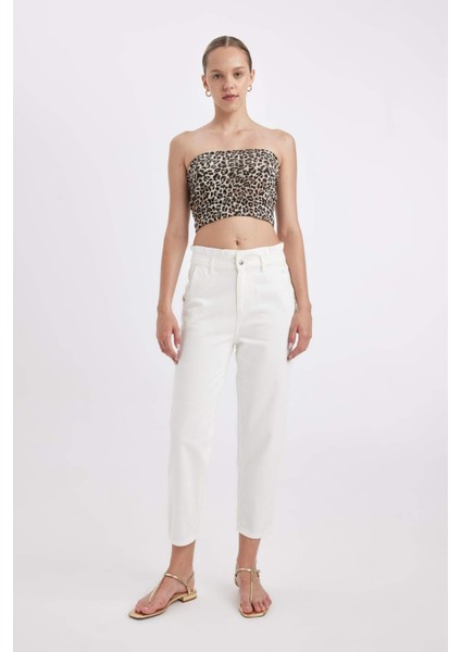 Paperbag Rahat Kesim Yüksek Beli Lastikli Hafif Düz Paça Beyaz Jean Pantolon D4875AX24HS