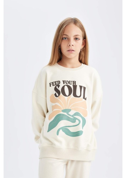 Kız Çocuk Oversize Geniş Kalıp Bisiklet Yaka Baskılı Sweatshirt D2880A824WN