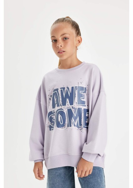 Kız Çocuk Oversize Geniş Kalıp Bisiklet Yaka Baskılı Sweatshirt D2880A824WN