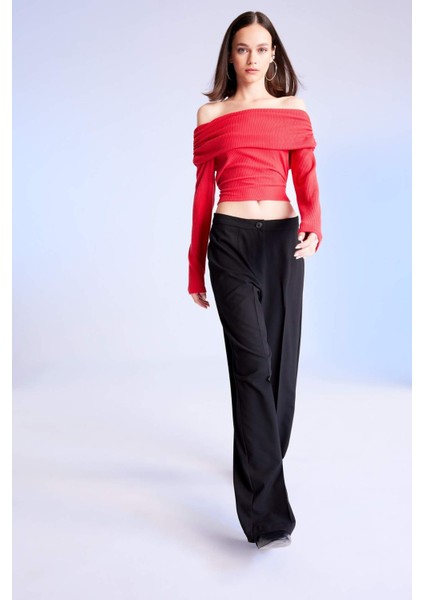 Fitted Vücuda Oturan Omzu Açık Fitilli Kaşkorse Kırmızı Uzun Kollu Tişört D4755AX24AU