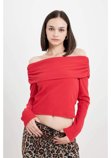 Fitted Vücuda Oturan Omzu Açık Fitilli Kaşkorse Kırmızı Uzun Kollu Tişört D4755AX24AU