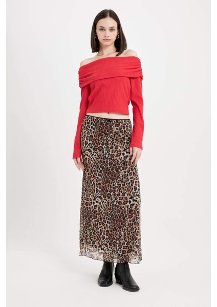 Fitted Vücuda Oturan Omzu Açık Fitilli Kaşkorse Kırmızı Uzun Kollu Tişört D4755AX24AU