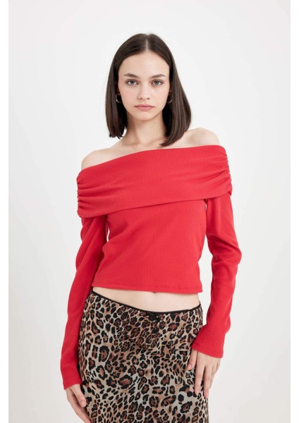 Fitted Vücuda Oturan Omzu Açık Fitilli Kaşkorse Kırmızı Uzun Kollu Tişört D4755AX24AU