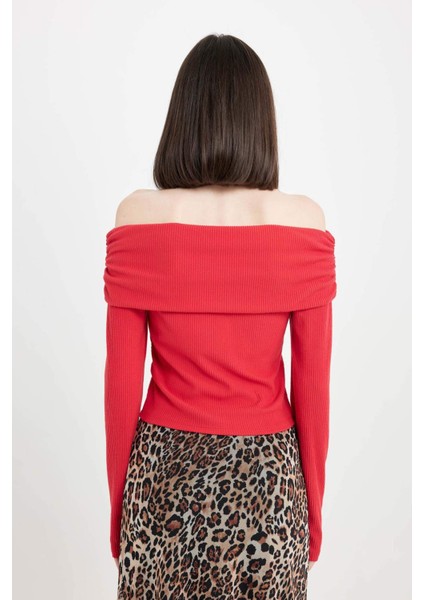 Fitted Vücuda Oturan Omzu Açık Fitilli Kaşkorse Kırmızı Uzun Kollu Tişört D4755AX24AU