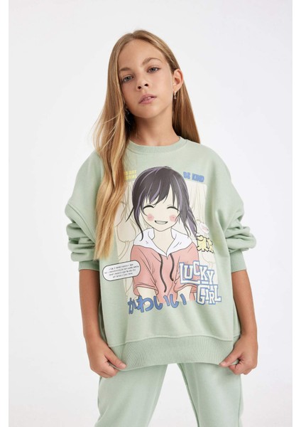 Kız Çocuk Oversize Geniş Kalıp Bisiklet Yaka Baskılı Sweatshirt D2880A824WN