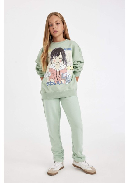 Kız Çocuk Oversize Geniş Kalıp Bisiklet Yaka Baskılı Sweatshirt D2880A824WN