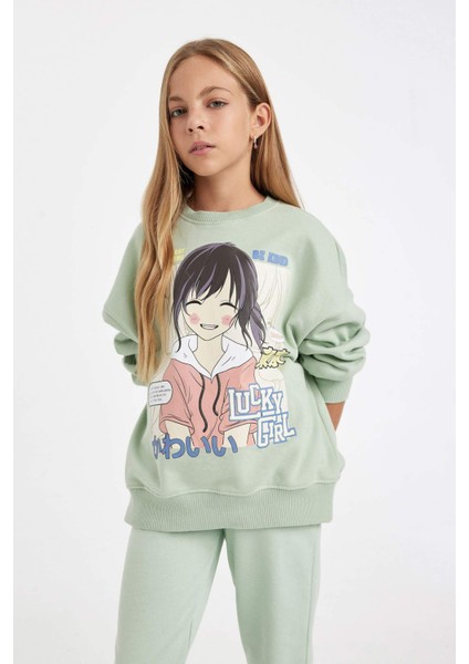 Kız Çocuk Oversize Geniş Kalıp Bisiklet Yaka Baskılı Sweatshirt D2880A824WN