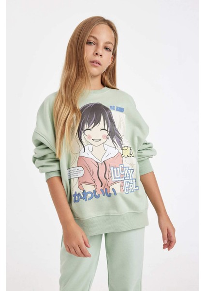 Kız Çocuk Oversize Geniş Kalıp Bisiklet Yaka Baskılı Sweatshirt D2880A824WN