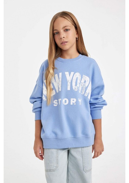 Kız Çocuk Oversize Geniş Kalıp Bisiklet Yaka Baskılı Sweatshirt D2880A824WN