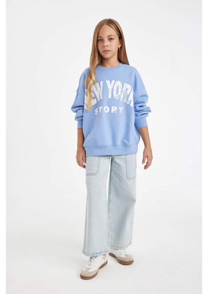 Kız Çocuk Oversize Geniş Kalıp Bisiklet Yaka Baskılı Sweatshirt D2880A824WN