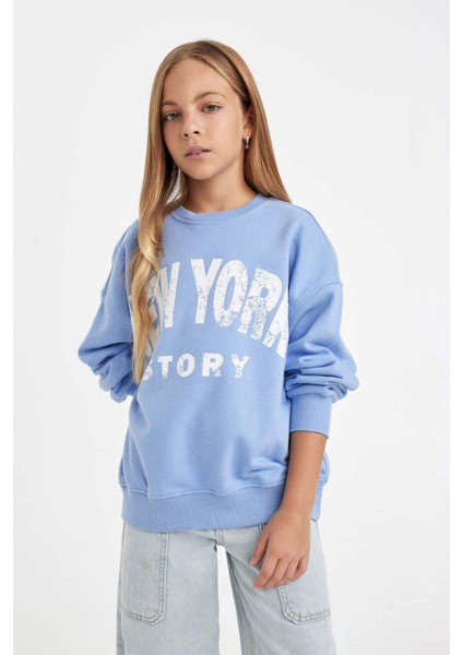 Kız Çocuk Oversize Geniş Kalıp Bisiklet Yaka Baskılı Sweatshirt D2880A824WN