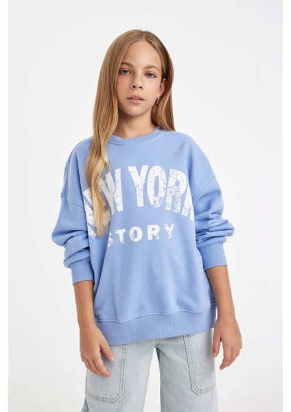 Kız Çocuk Oversize Geniş Kalıp Bisiklet Yaka Baskılı Sweatshirt D2880A824WN