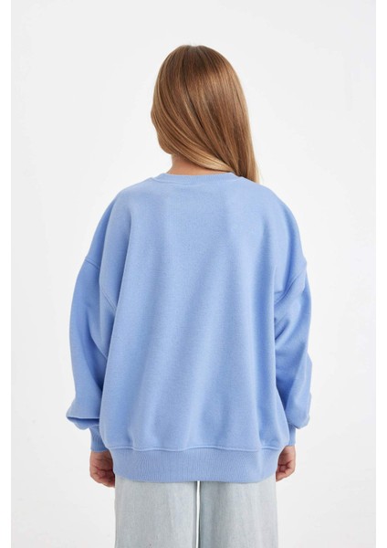 Kız Çocuk Oversize Geniş Kalıp Bisiklet Yaka Baskılı Sweatshirt D2880A824WN