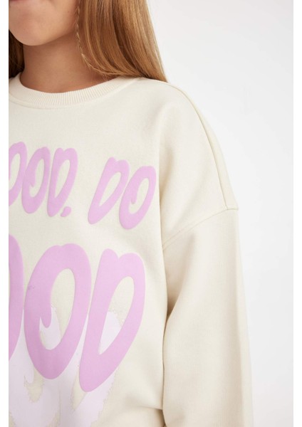 Kız Çocuk Oversize Geniş Kalıp Bisiklet Yaka Baskılı Sweatshirt D2880A824WN