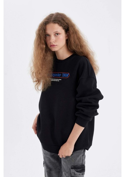 Oversize Geniş Kalıp Bisiklet Yaka Sırt Baskılı Kalın Sweatshirt D4939AX24AU
