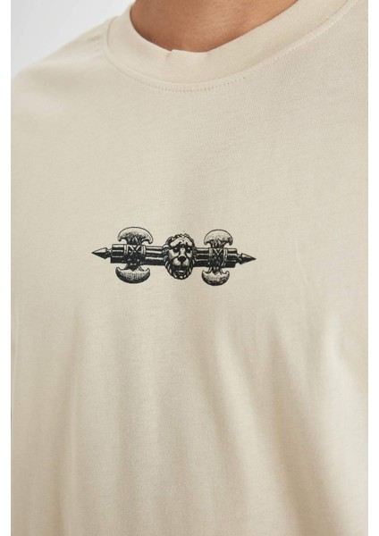 %100 Pamuk Oversize Geniş Kalıp Bisiklet Yaka Sırt Baskılı Kısa Kollu Tişört D4907AX24AU