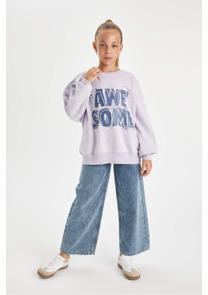 Kız Çocuk Oversize Geniş Kalıp Bisiklet Yaka Baskılı Sweatshirt D2880A824WN