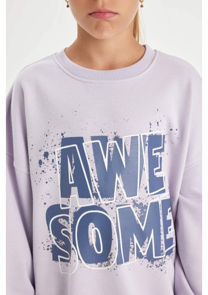 Kız Çocuk Oversize Geniş Kalıp Bisiklet Yaka Baskılı Sweatshirt D2880A824WN