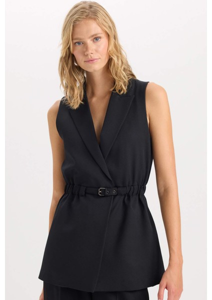Ceket Yaka Basic Düz Kemerli Kolsuz Blazer Yelek D4784AX24AU
