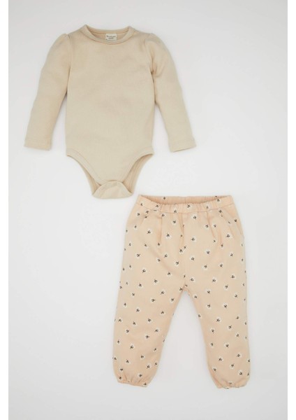 Kız Bebek 2'li Takım Twill Baskılı Uzun Kollu Çıtçıtlı Body Beli Lastikli Desenli Alt