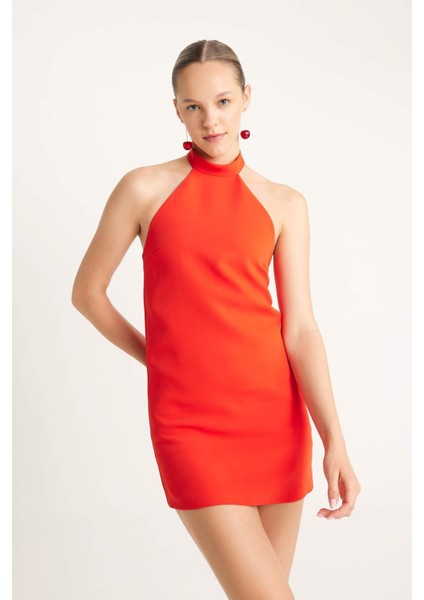 A Kesim Halter Yaka Krep Kolsuz Beyaz Mini Abiye Elbise